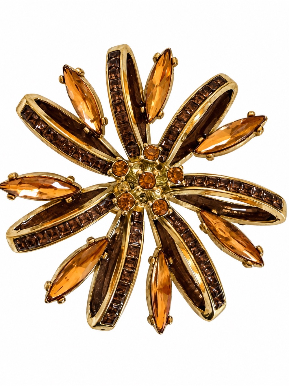 Vintage Napier Amber Rhinestone Flower Brooch Gold Tone Signed